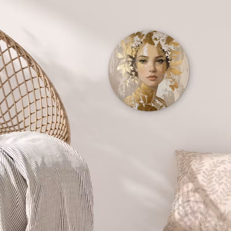 Gezicht - Vrouw - Bladeren - Goud Wandcirkel kunststof plaat 5mm dik klein -sfeer5