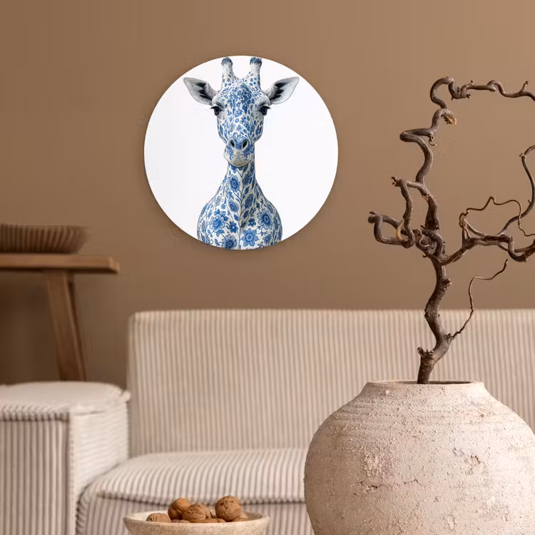 Giraffe - Delfts blauw - Dieren - Minimalistisch Wandcirkel kunststof plaat 5mm dik klein -sfeer1