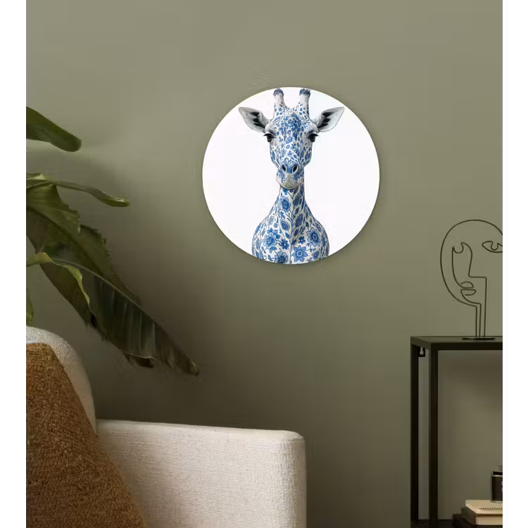 Giraffe - Delfts blauw - Dieren - Minimalistisch Wandcirkel kunststof plaat 5mm dik klein -sfeer3