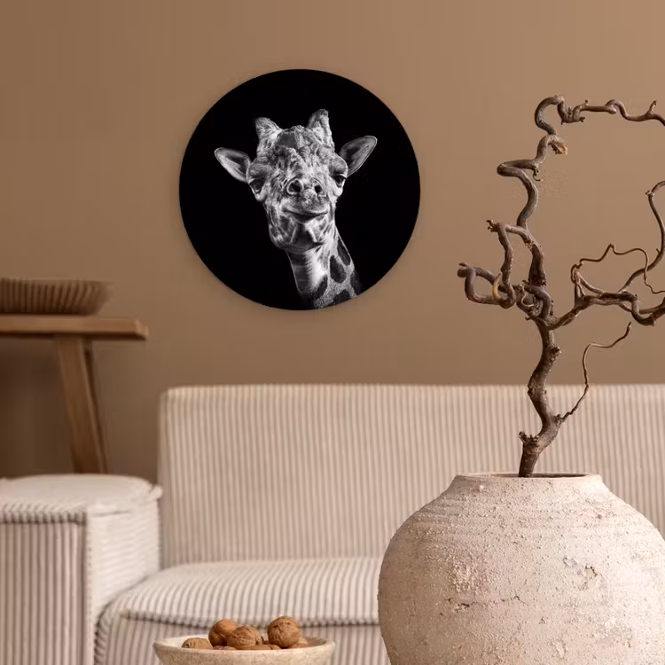 Giraffe - Dier - Zwart - Wit Wandcirkel kunststof plaat 5mm dik klein -sfeer1