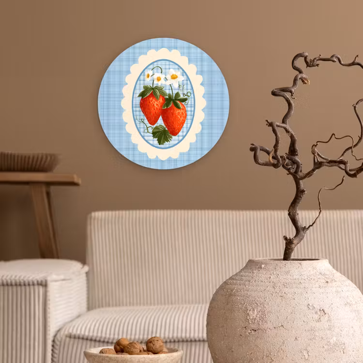 Aardbeien - Lijst - Rood - Geruit Wandcirkel plexiglas klein -sfeer1