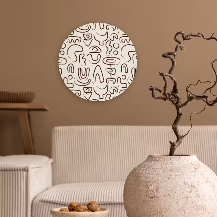 Abstract - Beige - Patroon - Donkerbruin Wandcirkel plexiglas klein 852 -sfeer1