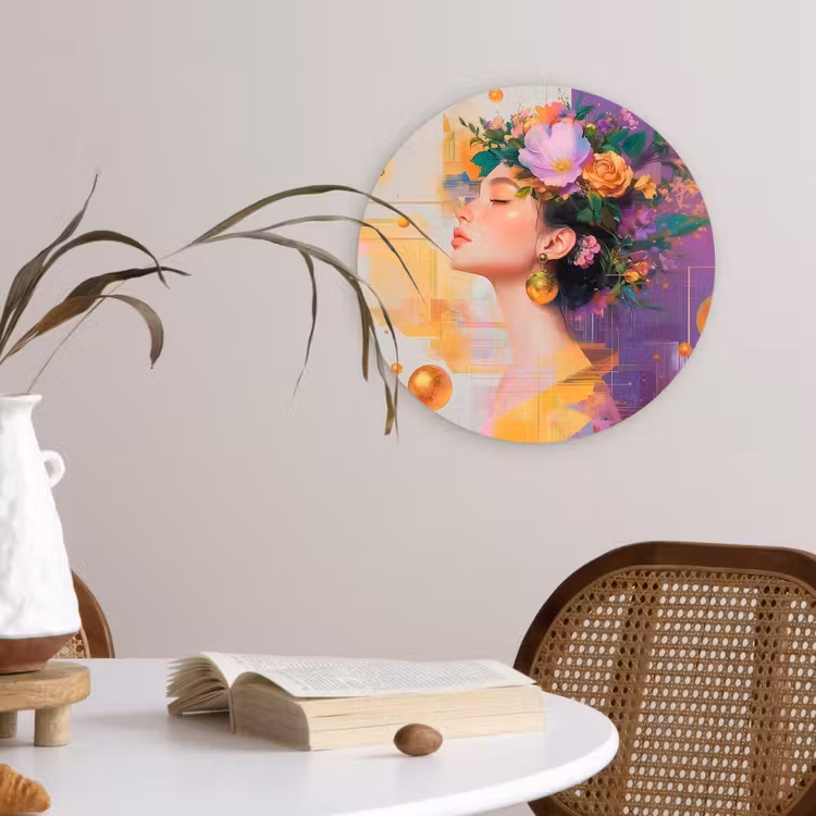 Abstract - Vrouw - Bloemenkroon - Goud Wandcirkel plexiglas klein -sfeer4