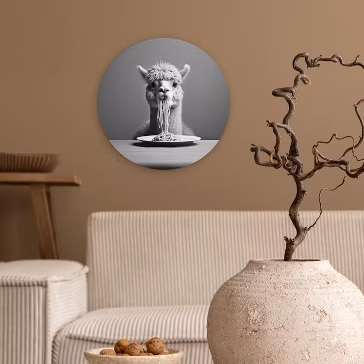 Alpaca - Pasta - Zwart - Wit - Grappig - Dieren Wandcirkel plexiglas klein -sfeer1