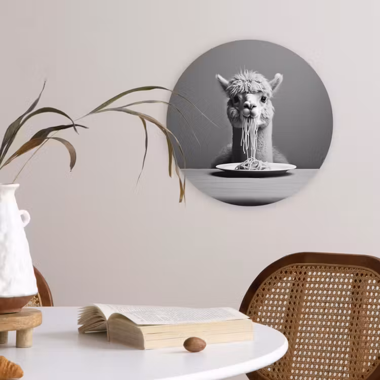 Alpaca - Pasta - Zwart - Wit - Grappig - Dieren Wandcirkel plexiglas klein -sfeer4