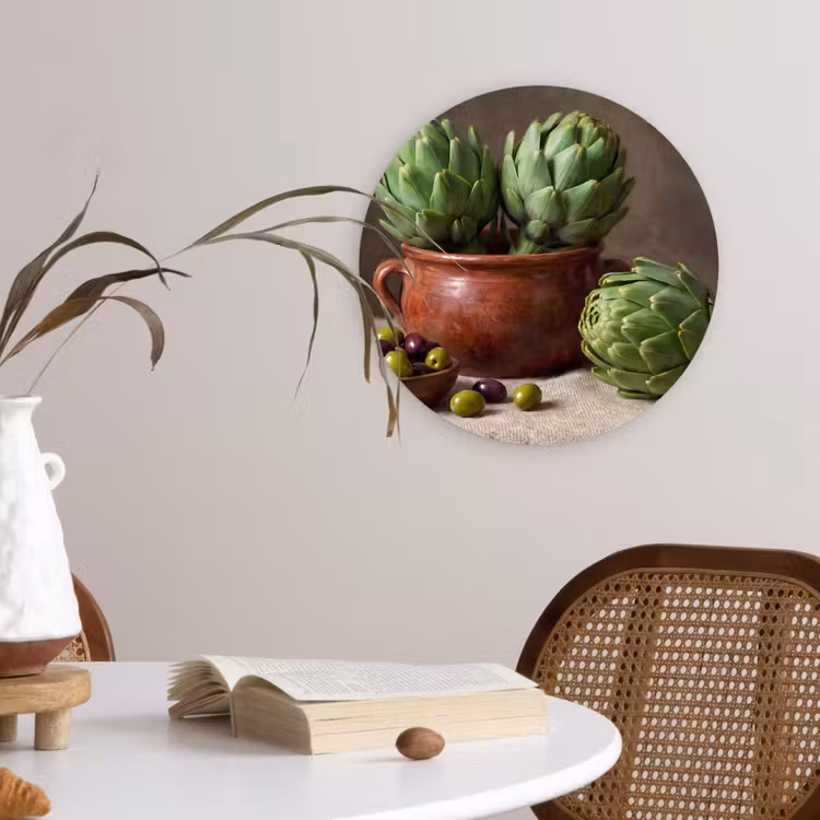 Muurcirkel glas - Artisjokken - Olijven - Eten - Artisjokken - Olijven - Eten Wandcirkel plexiglas klein