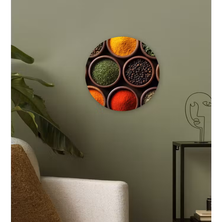 Bakjes - Hout - Kruiden - Kleurrijk Wandcirkel plexiglas klein -sfeer3