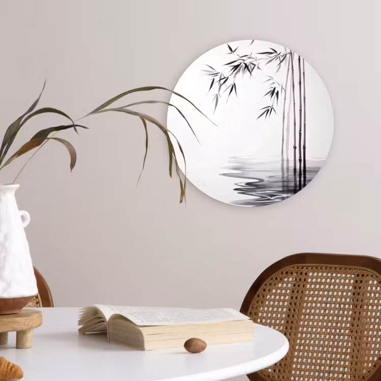 Bamboestammen - Water - Minimalistisch - Wit Wandcirkel plexiglas klein -sfeer4