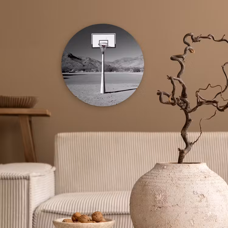 Basketbalpaal - Landschap - Zand - Wit Wandcirkel plexiglas klein -sfeer1