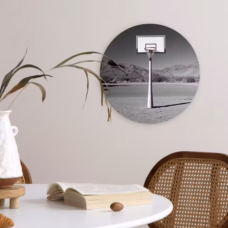 Basketbalpaal - Landschap - Zand - Wit Wandcirkel plexiglas klein -sfeer4