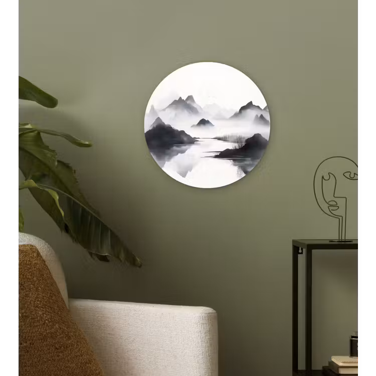 Bergen - Mistig - Water - Wit Wandcirkel plexiglas klein -sfeer3