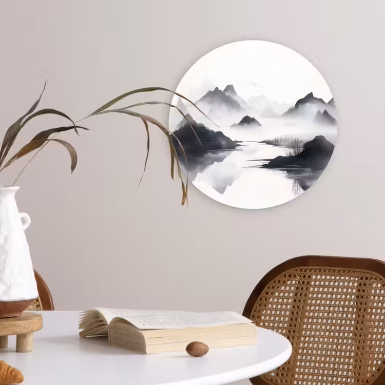 Bergen - Mistig - Water - Wit Wandcirkel plexiglas klein -sfeer4