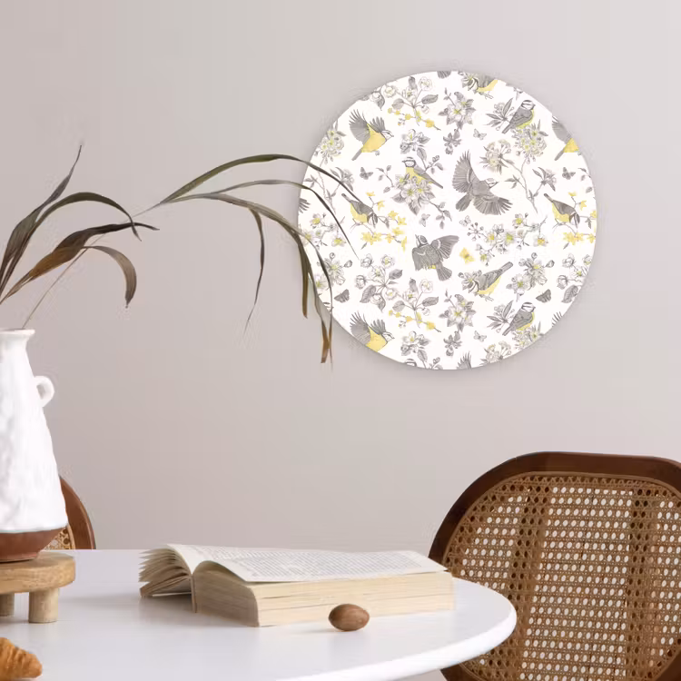 Birds - Flowers - Gray - Yellow Wandcirkel plexiglas klein 852 -sfeer4