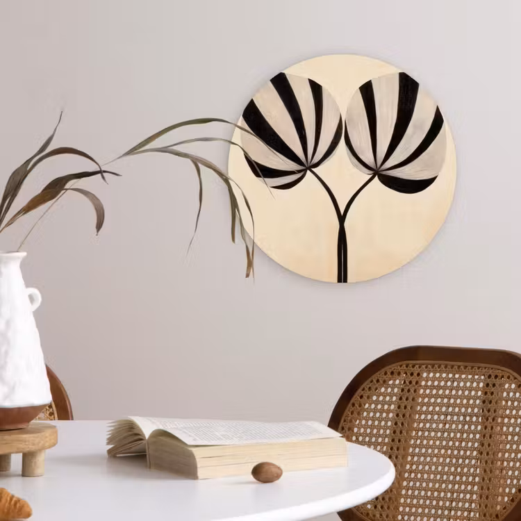 Bladeren - Gestreept - Stengel - Beige Wandcirkel plexiglas klein -sfeer4