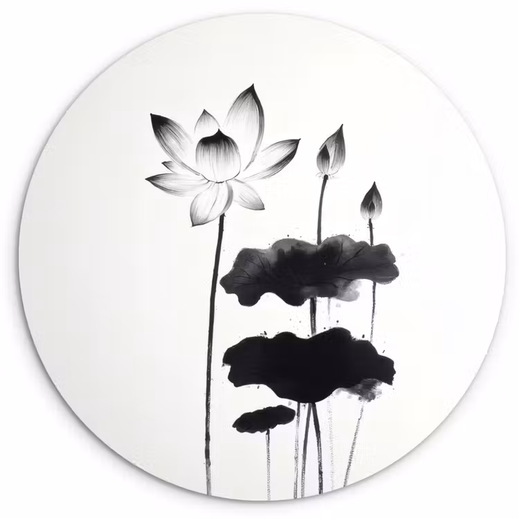 Bladeren - Zwart - Lotusbloem - Minimalitisch Wandcirkel plexiglas klein -3d