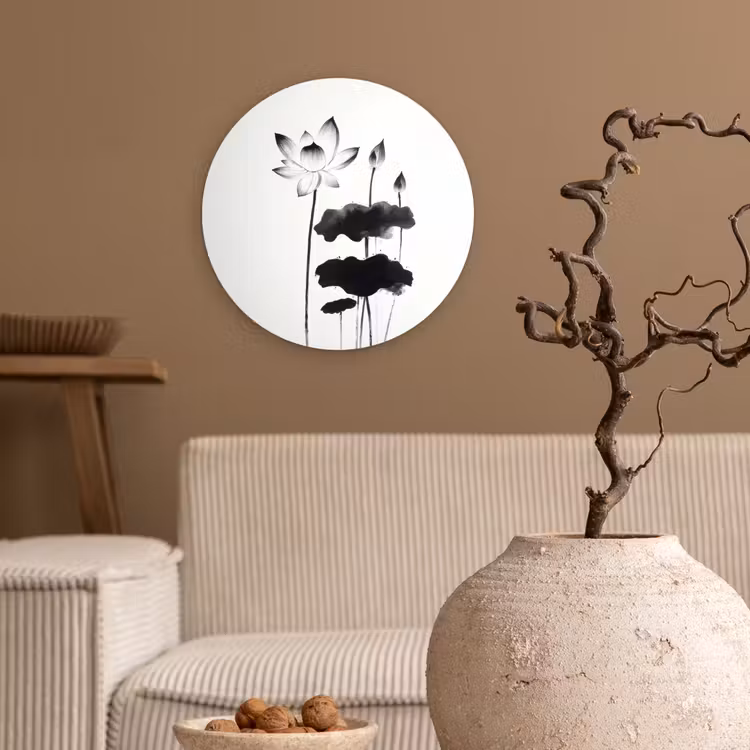 Bladeren - Zwart - Lotusbloem - Minimalitisch Wandcirkel plexiglas klein -sfeer1