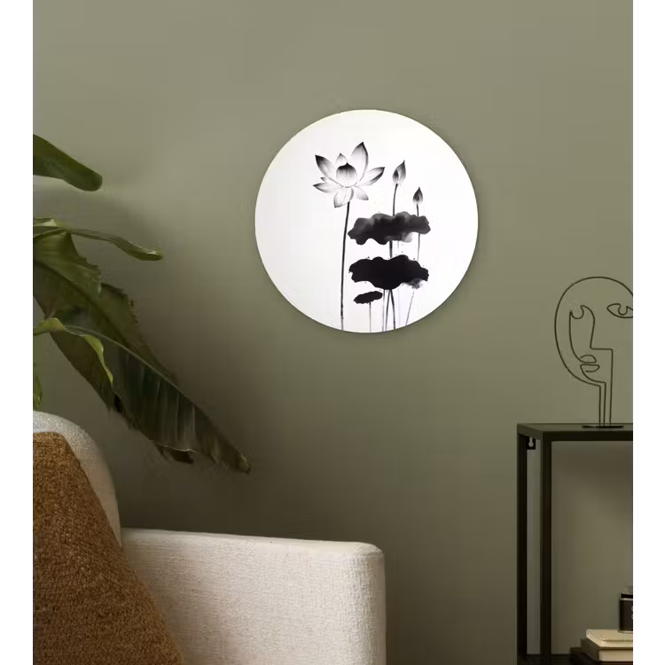 Bladeren - Zwart - Lotusbloem - Minimalitisch Wandcirkel plexiglas klein -sfeer3