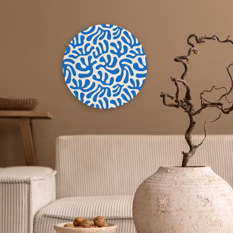Blauw - Abstract - Bladeren - Patroon Wandcirkel plexiglas klein 852 -sfeer1