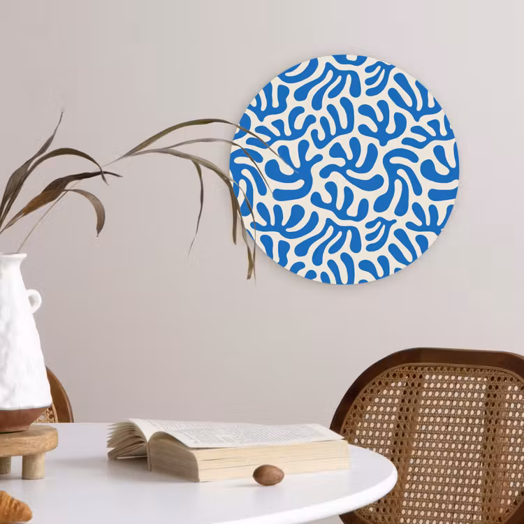 Blauw - Abstract - Bladeren - Patroon Wandcirkel plexiglas klein 852 -sfeer4