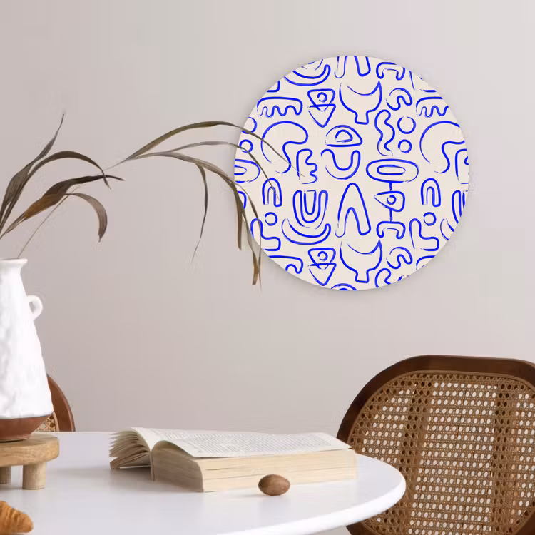Blauw - Patroon - Abstract - Beige Wandcirkel plexiglas klein 852 -sfeer4