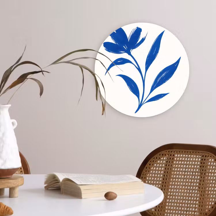 Bloem - Blaadjes - Minimalistisch - Blauw Wandcirkel plexiglas klein -sfeer4