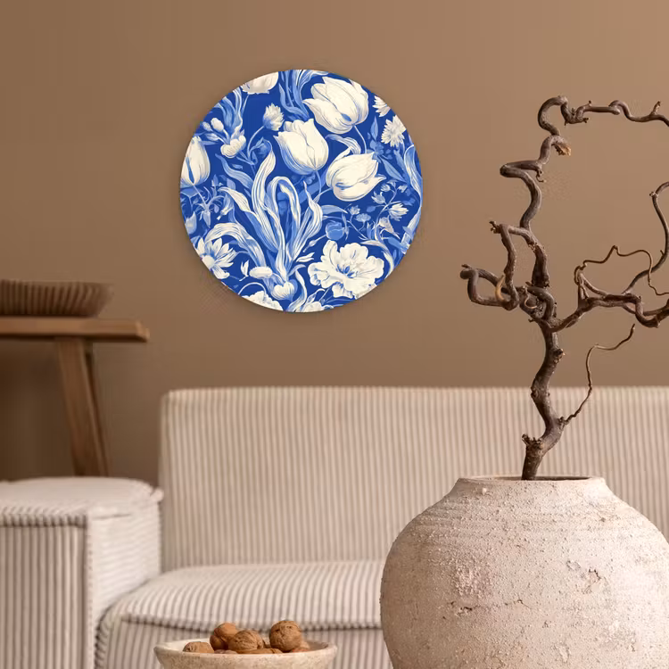 Bloemen - Delfts Blauw - Patroon - Tulp Wandcirkel plexiglas klein -sfeer1