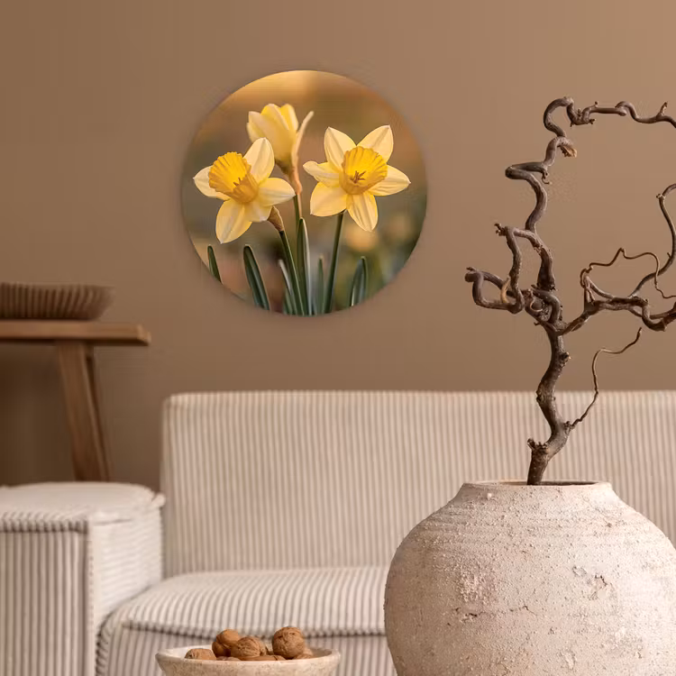 Bloemen - Geel - Wazig Wandcirkel plexiglas klein -sfeer1