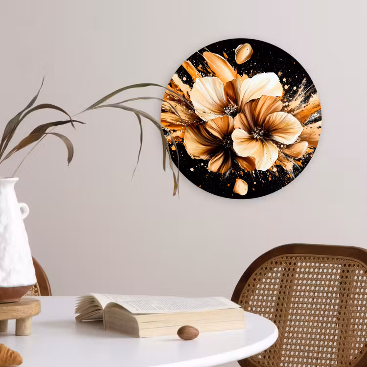 Bloemen - Goud - Graffiti - Zwart - Abstract Wandcirkel plexiglas klein -sfeer4