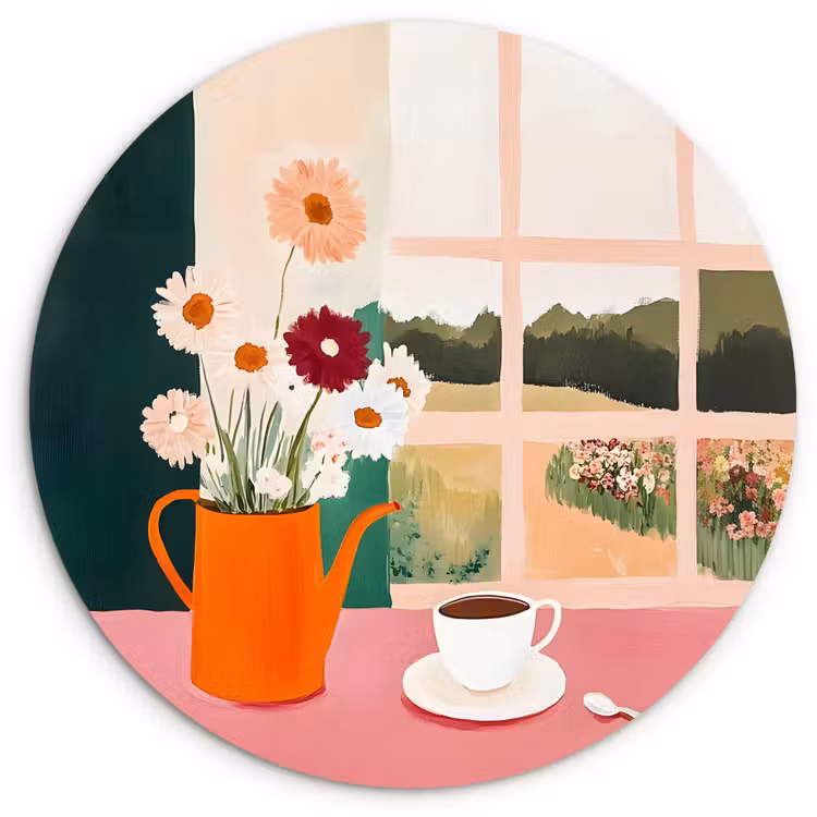 Bloemen - Koffie - Raam Wandcirkel plexiglas klein -3d