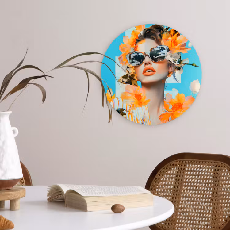 Bloemen - Vrouw - Zonnebril - Blauw Wandcirkel plexiglas klein -sfeer4