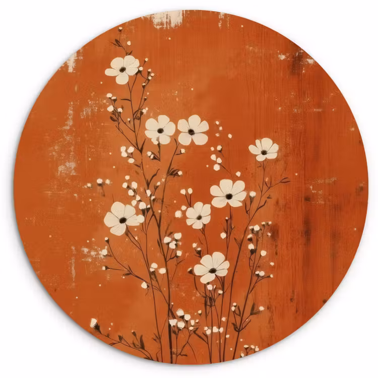 Bloemen - Wit - Subtiel - Roestkleur Wandcirkel plexiglas klein -3d