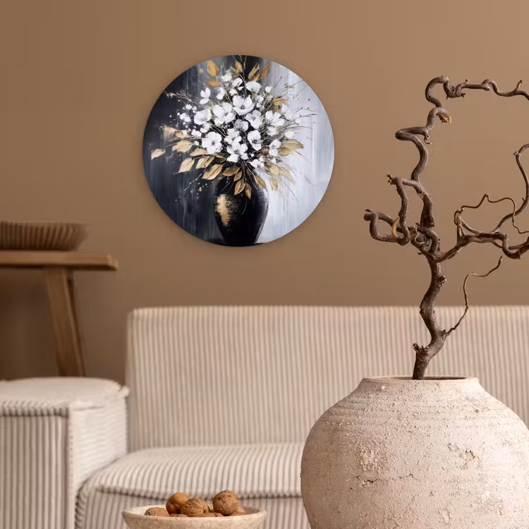 Bloemen - Wit - Vaas - Abstract Wandcirkel plexiglas klein -sfeer1