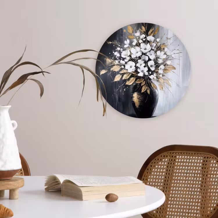 Bloemen - Wit - Vaas - Abstract Wandcirkel plexiglas klein -sfeer4