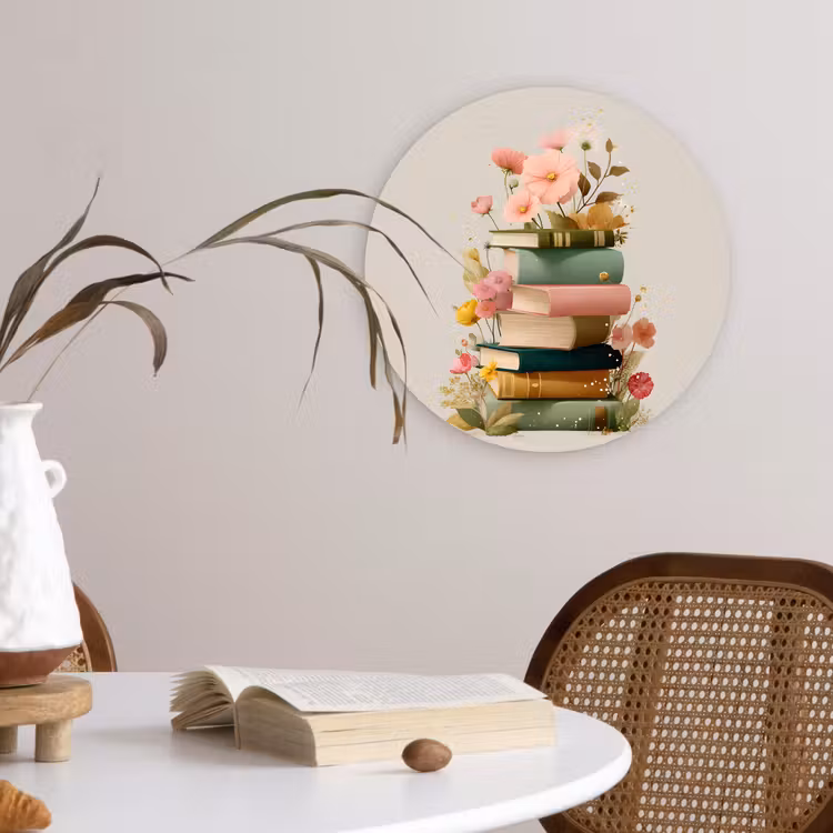 Boeken - Stapel - Bloemen - Kleurrijk Wandcirkel plexiglas klein -sfeer4
