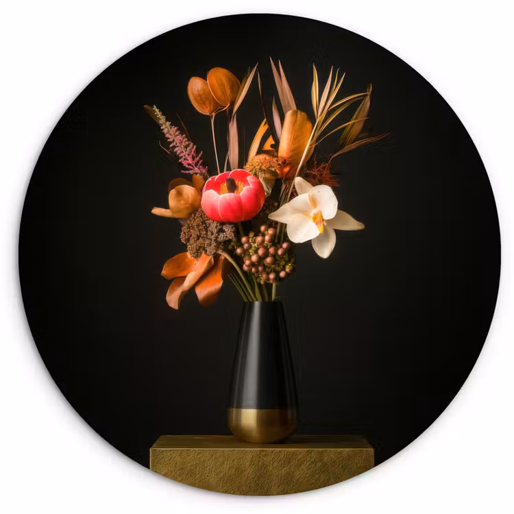 Boeket - Oranje - Gouden - vaas Wandcirkel plexiglas klein -3d