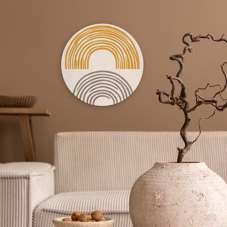 Bogen - Lijnen - Oranje - Minimalistisch Wandcirkel plexiglas klein -sfeer1