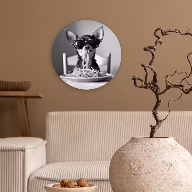 Chihuahua - Hond - Zonnebril - Humoristisch - Zwart - Wit - Spaghetti Wandcirkel plexiglas klein -sfeer1