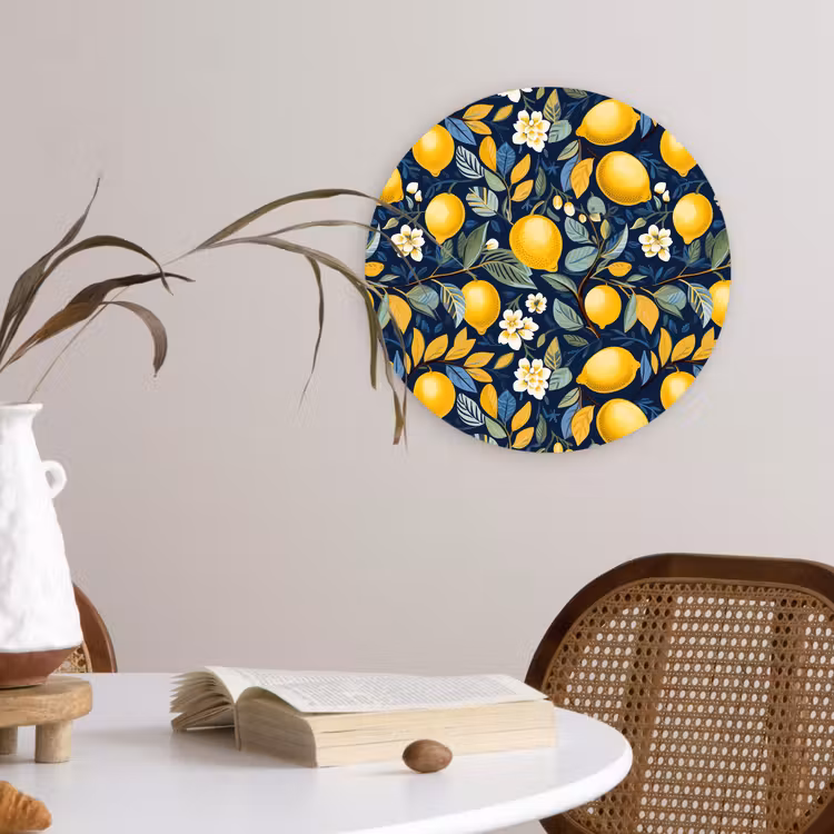 Citroenen - Bloemen - Bladeren - Blauw Wandcirkel plexiglas klein 852 -sfeer4