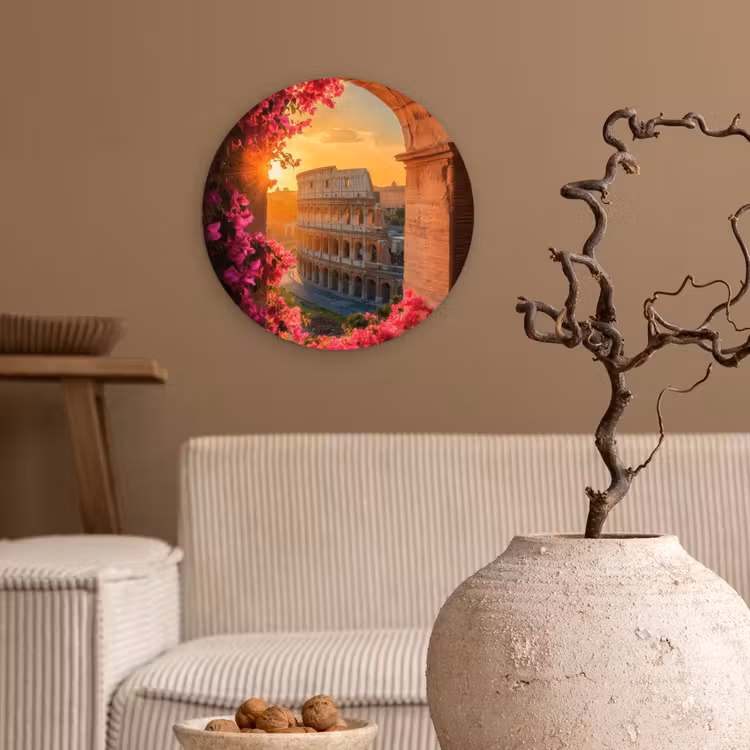 Colosseum - Rome - Roze Bloemen Wandcirkel plexiglas klein -sfeer1