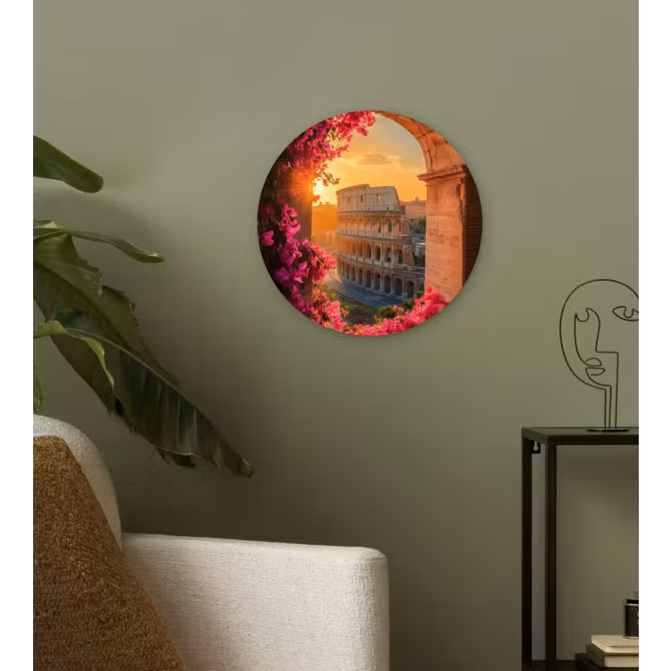 Colosseum - Rome - Roze Bloemen Wandcirkel plexiglas klein -sfeer3