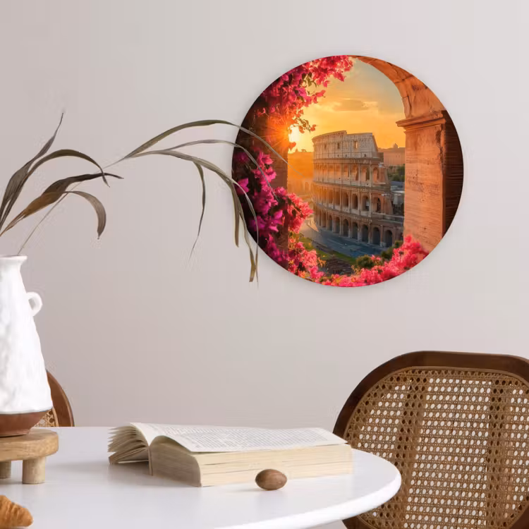 Colosseum - Rome - Roze Bloemen Wandcirkel plexiglas klein -sfeer4
