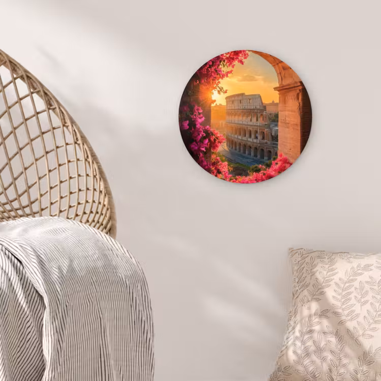 Colosseum - Rome - Roze Bloemen Wandcirkel plexiglas klein -sfeer5