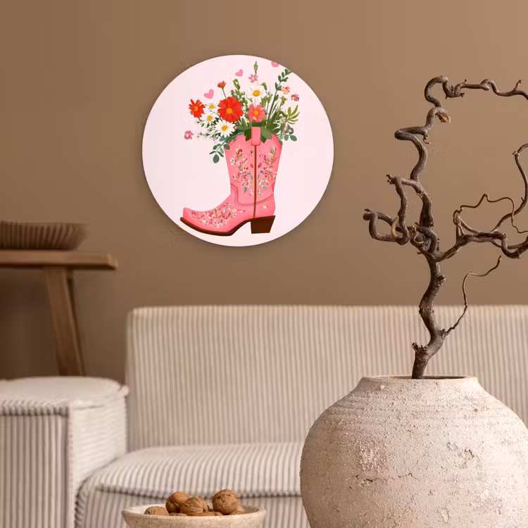 Cowboylaarzen - Roze - Boeket - Bloemen Wandcirkel plexiglas klein -sfeer1