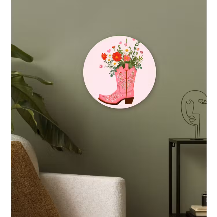 Cowboylaarzen - Roze - Boeket - Bloemen Wandcirkel plexiglas klein -sfeer3