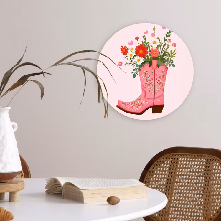 Cowboylaarzen - Roze - Boeket - Bloemen Wandcirkel plexiglas klein -sfeer4