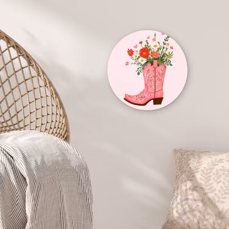 Cowboylaarzen - Roze - Boeket - Bloemen Wandcirkel plexiglas klein -sfeer5