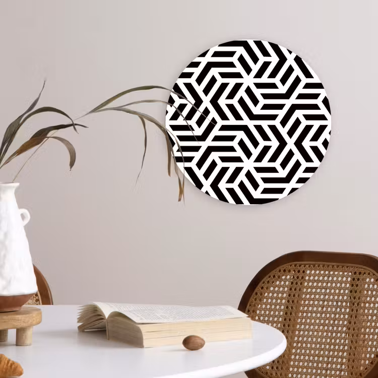 Design - Geometrie - Patroon - Zwart - Wit Wandcirkel plexiglas klein 852 -sfeer4