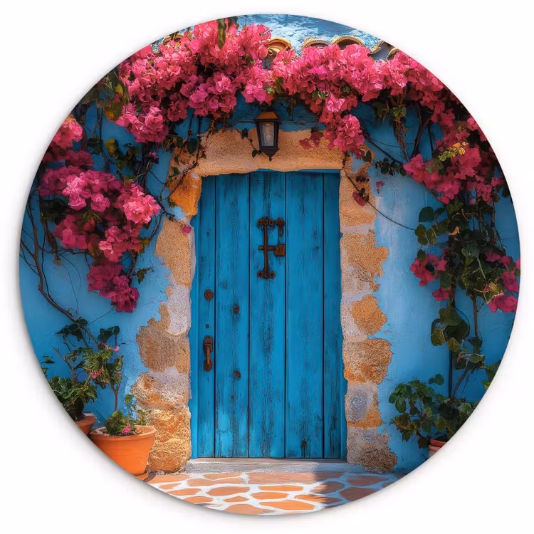 Deur - Hout - Bloemen - Blauw Wandcirkel plexiglas klein -3d