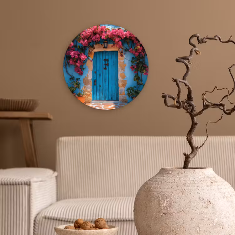 Deur - Hout - Bloemen - Blauw Wandcirkel plexiglas klein -sfeer1