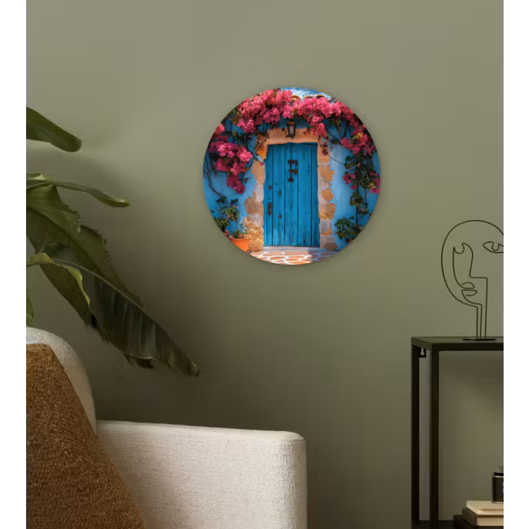 Deur - Hout - Bloemen - Blauw Wandcirkel plexiglas klein -sfeer3